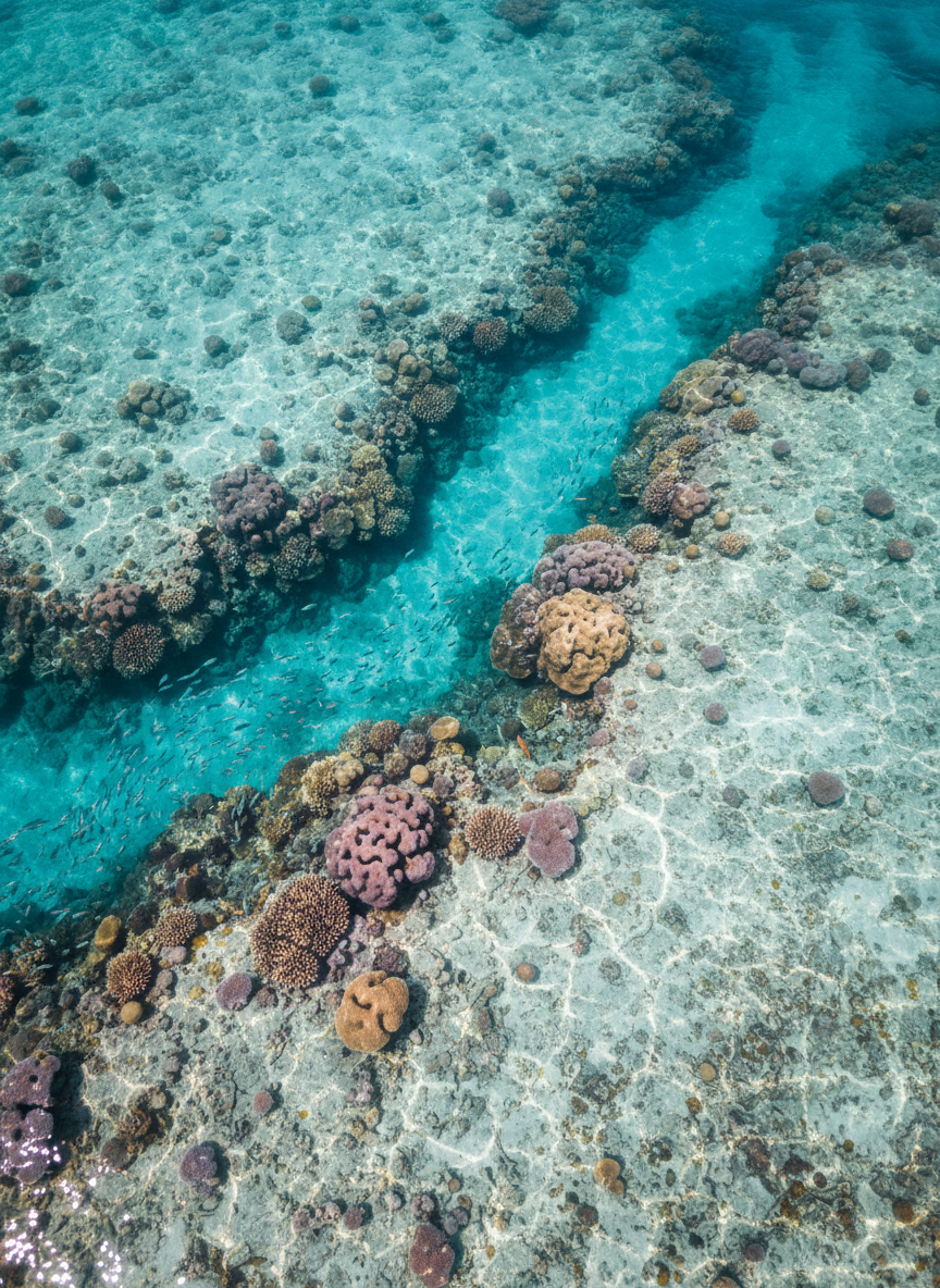 A sweeping aerial view of the Great Barrier Reef’s intricate coral formations beneath crystal-clear turquoise water, displaying branching, boulder, and plate corals in shades of soft pink, ochre, and muted violet. Shoals of small, silver fish shimmer just below the surface, while darker blue channels trace natural pathways through the reef. Bright midday sunlight penetrates the water, creating luminous ripples and dappled patterns across the coral structures. The photographic composition is wide and expansive, with sharp realism that emphasizes texture and color variation. The mood is awe-inspiring and contemplative, highlighting both the beauty and fragility of this vast Australian marine ecosystem.