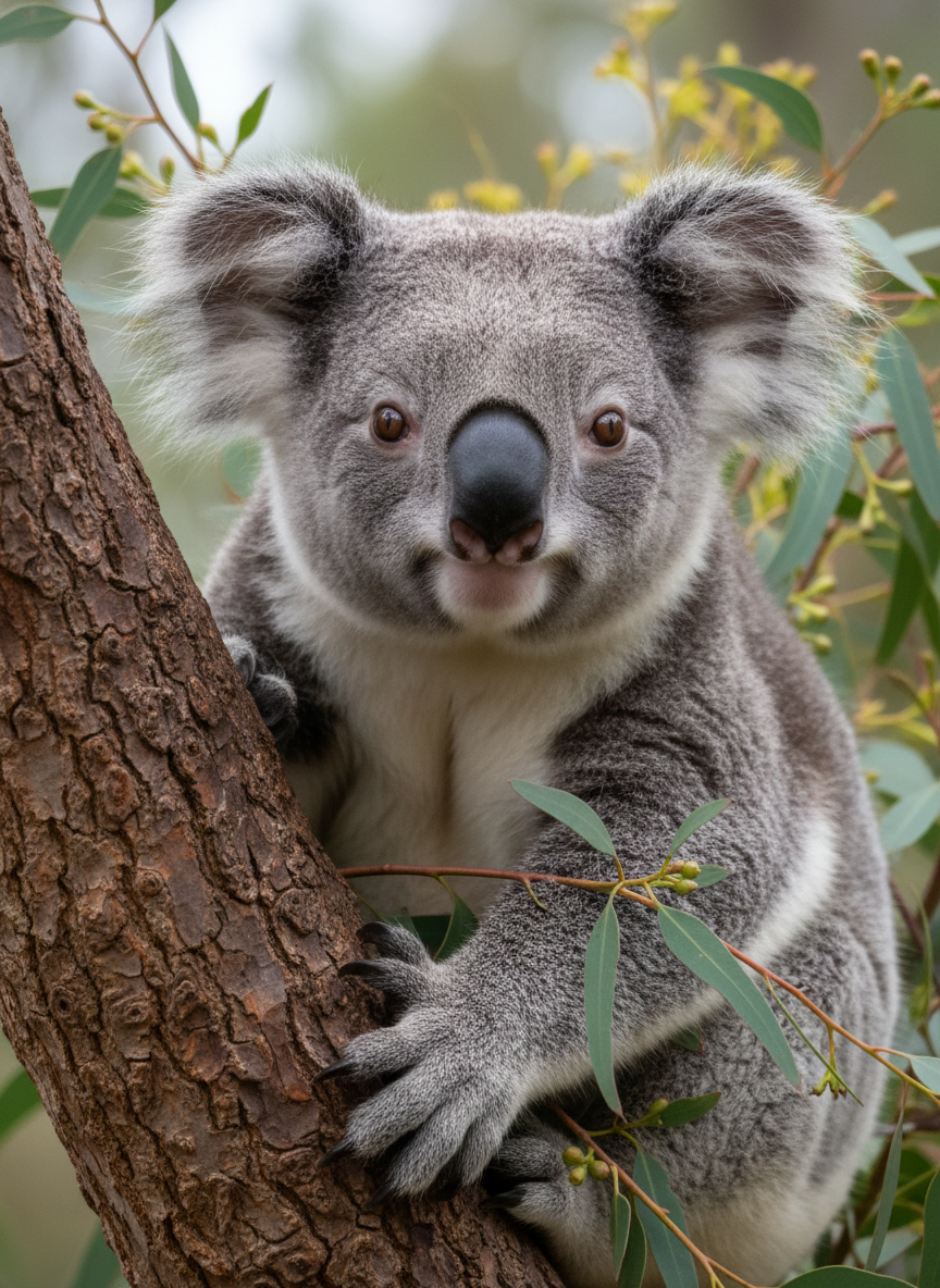 A close-up photographic portrait of a koala nestled in the crook of a rough-barked eucalyptus branch, its dense grey fur softly textured and ears gently backlit. Fresh blue-green eucalyptus leaves frame the koala’s calm, dark eyes and distinctive black nose. Soft, diffused overcast light filters through the canopy, eliminating harsh shadows and creating an intimate, serene atmosphere. Captured at eye level with a shallow depth of field, the background melts into a soft bokeh of pale greens and browns. The composition centers the koala’s face in professional, documentary-style realism, emphasizing fine details of fur, bark, and foliage to celebrate Australia’s iconic arboreal wildlife.