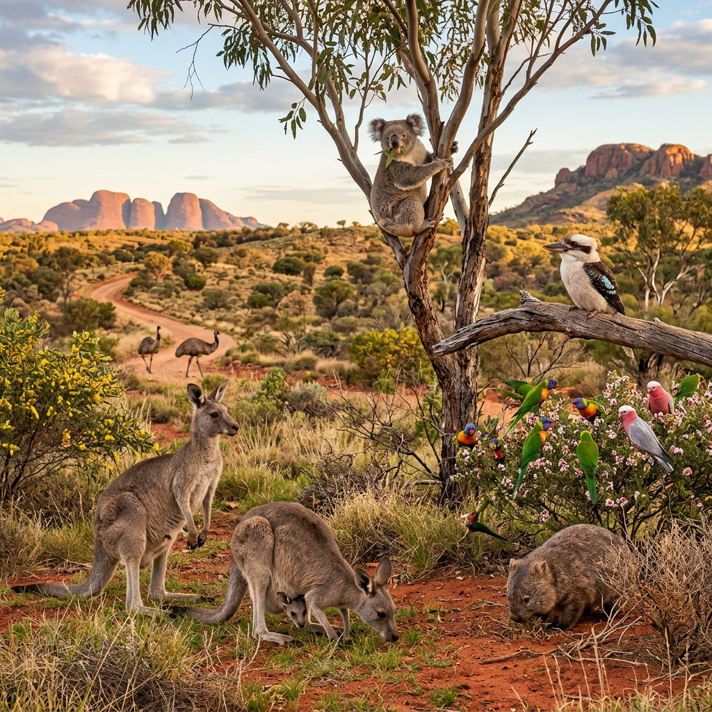 Koala in tree, kangaroos, emus, kookaburra, parrots, and wombat in Australian outback